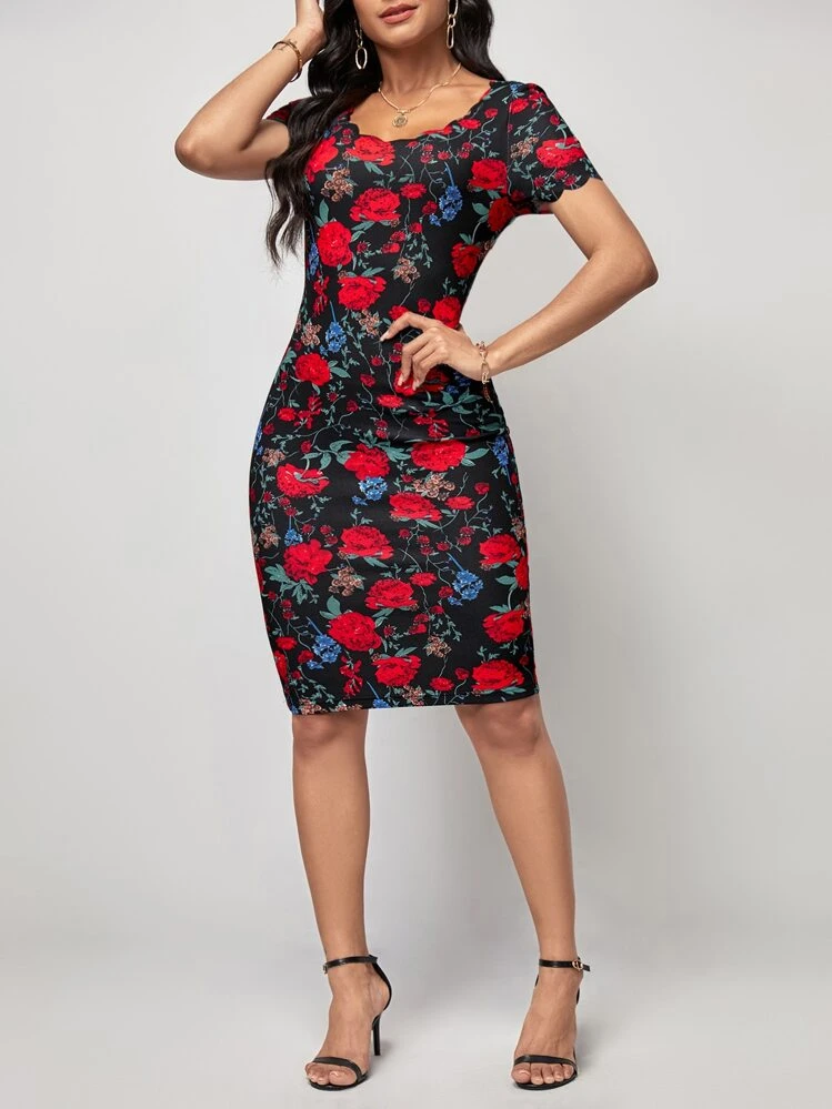 SHEIN Clasi Floral Print Scoop Neck Bodycon Dress - Multicolor - View 4