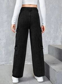 SHEIN 青少年女孩側翻蓋口袋工裝牛仔褲