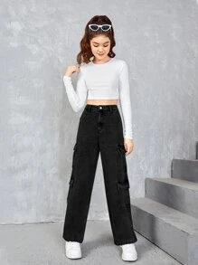 SHEIN 青少年女孩側翻蓋口袋工裝牛仔褲