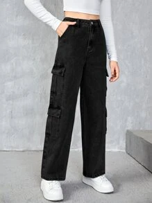 SHEIN 青少年女孩側翻蓋口袋工裝牛仔褲