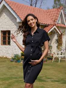 Maternity Button Front Belted Shirt Dress - Black - View 1