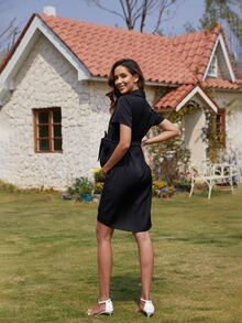 Maternity Button Front Belted Shirt Dress - Black - View 2