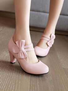 Women Bow Decor Cone Heeled Mary Jane Pumps, Fashion Outdoor Shoes - Pink - View 2