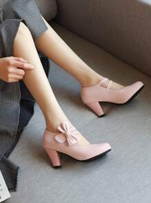 Women Bow Decor Cone Heeled Mary Jane Pumps, Fashion Outdoor Shoes - Pink - View 3