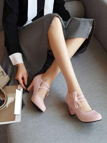 Women Bow Decor Cone Heeled Mary Jane Pumps, Fashion Outdoor Shoes - Pink - View 4