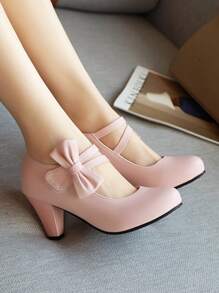Women Bow Decor Cone Heeled Mary Jane Pumps, Fashion Outdoor Shoes - Pink - View 5