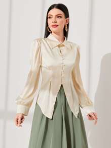 Modelyn Solid Button Front Asymmetrical Hem Shirt - Apricot - View 1