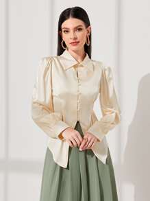 Modelyn Solid Button Front Asymmetrical Hem Shirt - Apricot - View 3