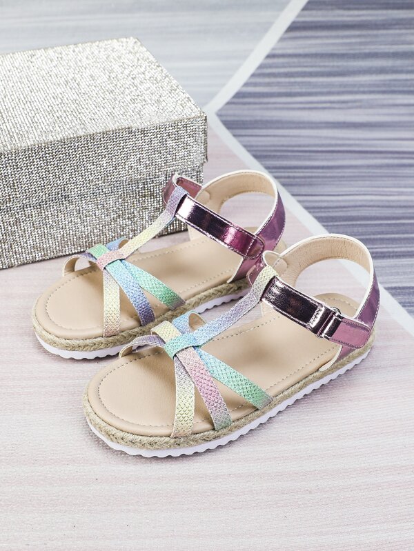 Girls Metallic Ombre Hook-and-loop Fastener Espadrille Flat Sandals, Vacation Glitter Ankle Strap Sandals For Summer