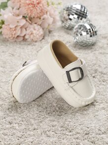 Baby Metal Decor Litchi Embossed Buckle Decor Loafers - White - View 2