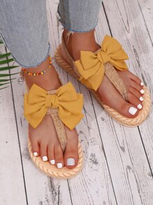 Women Bow Decor Toe Post Slingback Flat Sandals, Vacation Outdoor Polyester Thong Sandals - Yellow - View 6