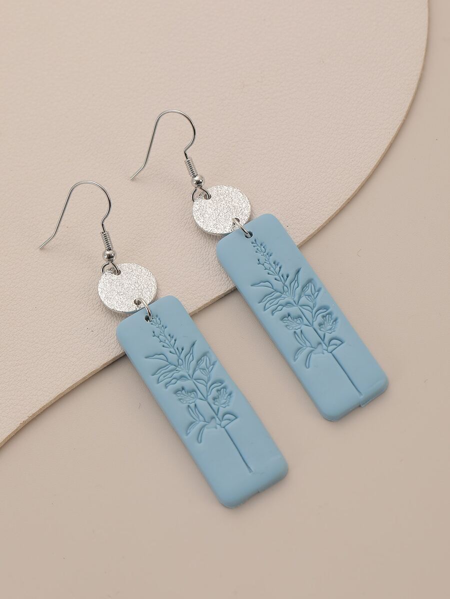 Floral Pattern Rectangle Drop Earrings - Baby Blue - View 1