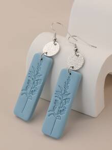 Floral Pattern Rectangle Drop Earrings - Baby Blue - View 5