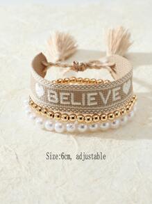 3 cái/bộ Ngọc trai Giả & Tua trang trí Vòng tay - Màu be - Xem 3