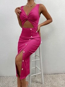 SHEIN PETITE Twist Front Cut Out Button Detail Split Thigh Dress - Hot Pink - View 5