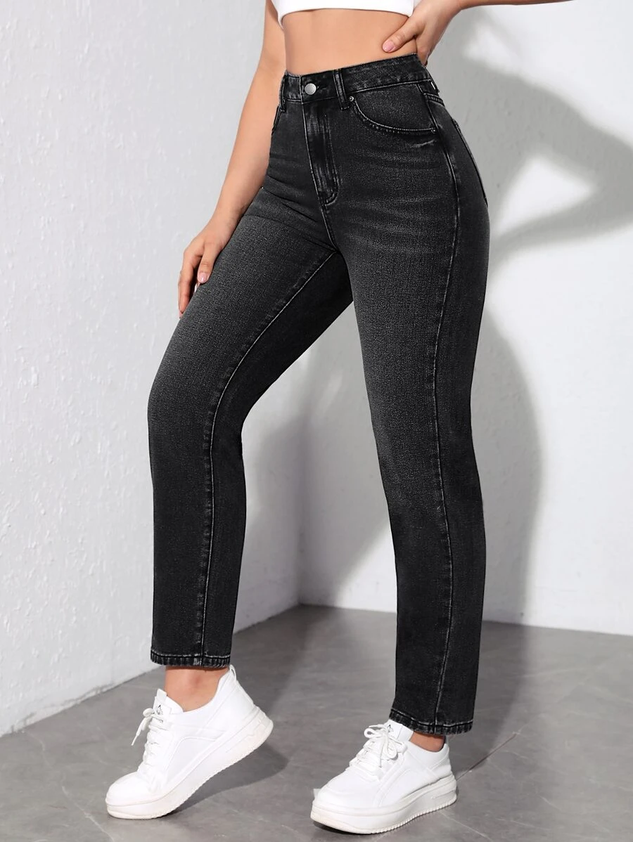 SHEIN EZwear Quần jean nữ Nút Túi Dây kéo màu trơn - màu đen - Xem 1