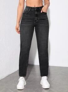 SHEIN EZwear Quần jean nữ Nút Túi Dây kéo màu trơn - màu đen - Xem 3