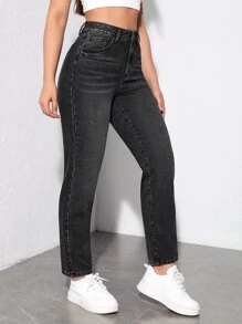 SHEIN EZwear Quần jean nữ Nút Túi Dây kéo màu trơn - màu đen - Xem 4