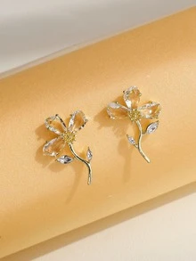 2pcs Rhinestone Decor Flower Design Stud Earrings - Multicolor - View 3