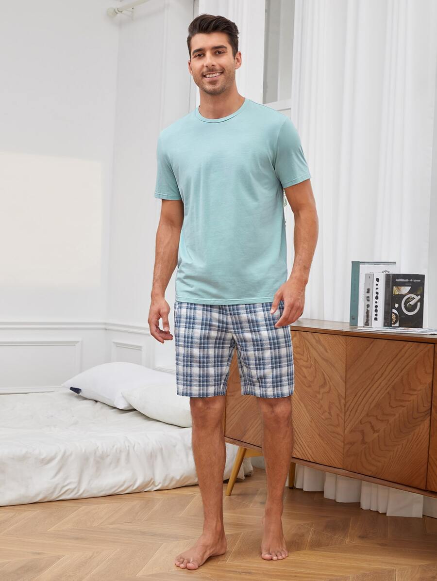 SHEIN Men Solid Tee & Plaid Print Shorts PJ Set - Multicolor - View 1