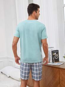 SHEIN Men Solid Tee & Plaid Print Shorts PJ Set - Multicolor - View 2