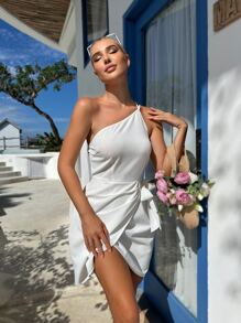 SHEIN VCAY One Shoulder Knot Side Wrap Hem Dress - White - View 5