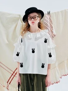 Blusa con estampado de conejo ribete con fruncido de manga farol - Blanco - Ver 1