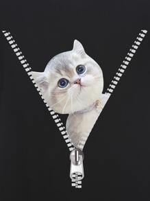 INAWLY 猫咪印花 T 恤 图案 T 恤 女式上衣 - 黑色 - 查看 3