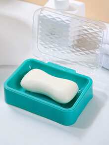 1pc Soap Dish With Lid, Plastic Soap Box For Bathroom - Green - View 1