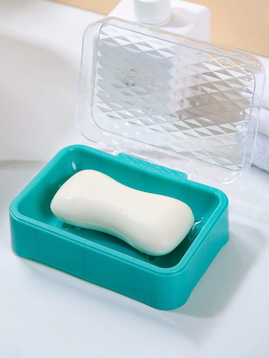 1pc Soap Dish With Lid, Plastic Soap Box For Bathroom - Green - View 1
