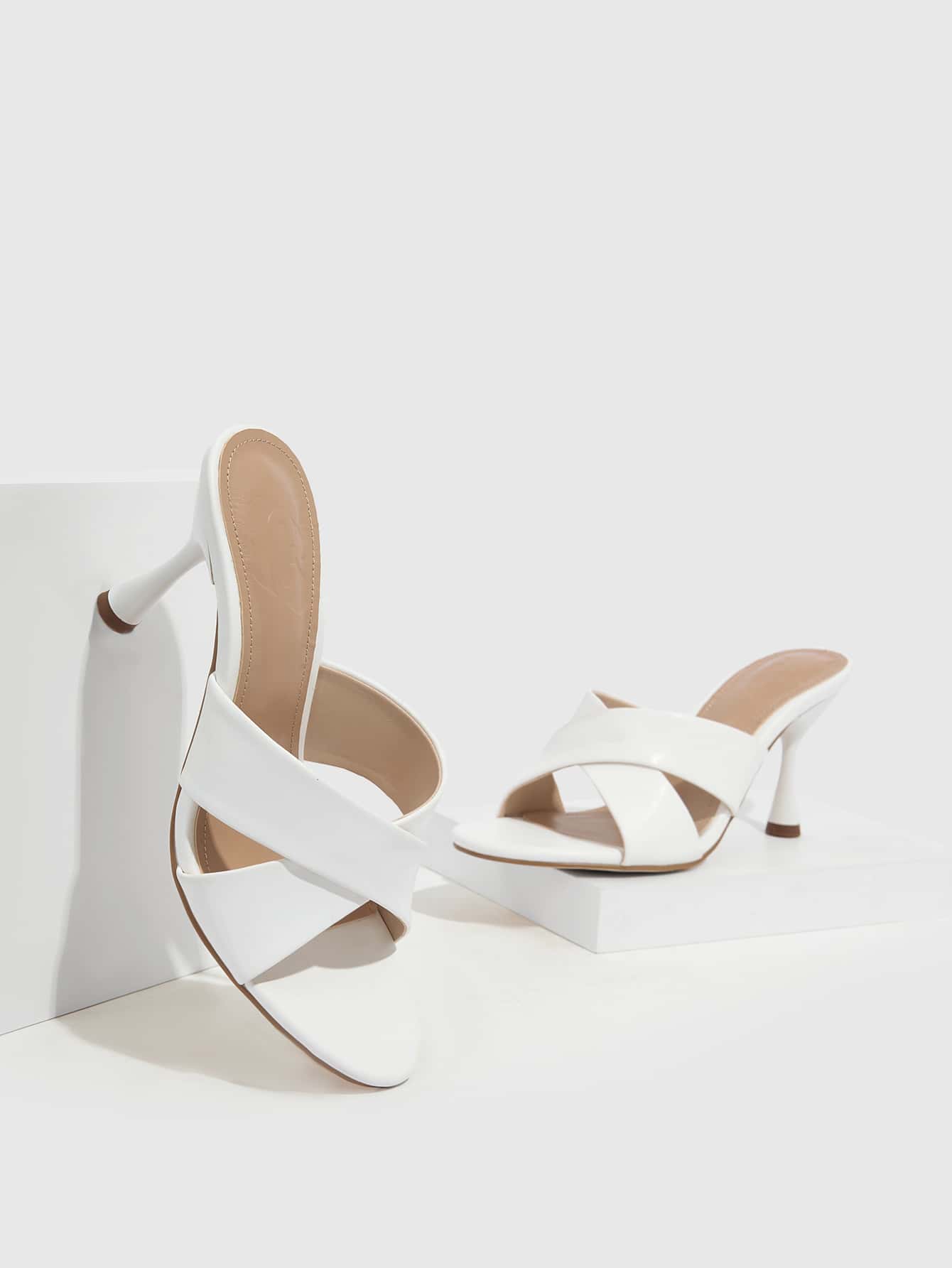CUCCOO BIZCHIC Woman Shoes Cross Strap Pyramid Heeled Sandals, Elegant White Mule Sandals For Summer Graduation Heels Prom Heels Vacation Shoes Summer Elegant Basics Business Casual Business Chic Spring Shoes Spring Break Easter