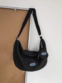 Letter Patch Decor Hobo Bag With Coin Purse Black - Black - View 1