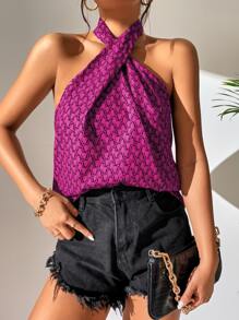 SHEIN Unity Allover Print Criss Cross Front Halter Top Graphic Tees Women Tops - Hot Pink - View 1