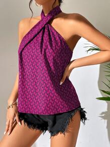 SHEIN Unity Allover Print Criss Cross Front Halter Top Graphic Tees Women Tops - Hot Pink - View 4
