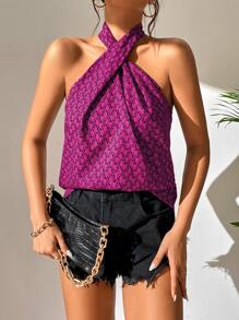 SHEIN Unity Allover Print Criss Cross Front Halter Top Graphic Tees Women Tops - Hot Pink - View 6