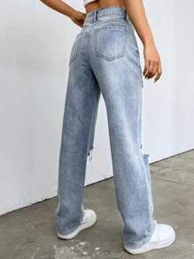 SHEIN ICON Quần jean nữ Túi Bị tách Dây kéo màu trơn - Rửa trung bình - Xem 3