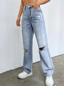 SHEIN ICON Quần jean nữ Túi Bị tách Dây kéo màu trơn - Rửa trung bình - Xem 2