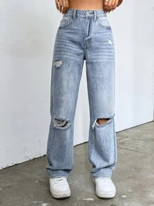 SHEIN ICON Quần jean nữ Túi Bị tách Dây kéo màu trơn - Rửa trung bình - Xem 1