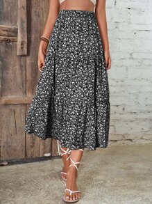 SHEIN Clasi Spódnica maxi z falbaną na dole i drobnym kwiatowym nadrukiem