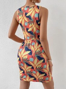 Breezaya Đầm thắt nút họa tiết nhiệt đới phía trước trang phục đi biển cho phụ nữ - trái cam - Xem 2