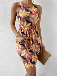 Breezaya Đầm thắt nút họa tiết nhiệt đới phía trước trang phục đi biển cho phụ nữ - trái cam - Xem 6