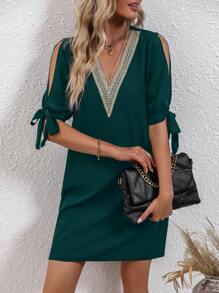 SHEIN Clasi Guipure Lace Panel Split Sleeve Knot Cuff Tunic Dress - Dark Green - View 1