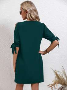 SHEIN Clasi Guipure Lace Panel Split Sleeve Knot Cuff Tunic Dress - Dark Green - View 2