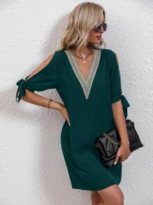 SHEIN Clasi Guipure Lace Panel Split Sleeve Knot Cuff Tunic Dress - Dark Green - View 4