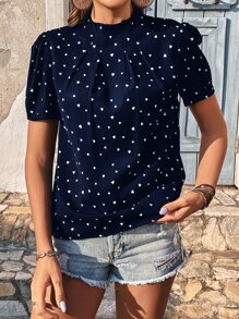 SHEIN Frenchy Áo sơ mi nữ Nút Uốn nếp Tim Giải trí - Màu xanh hải quân - Xem 3