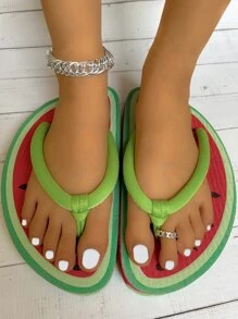 Women Watermelon Design Toe Post Flip-Flops, Preppy Fabric Flip Flops - Multicolor - View 4