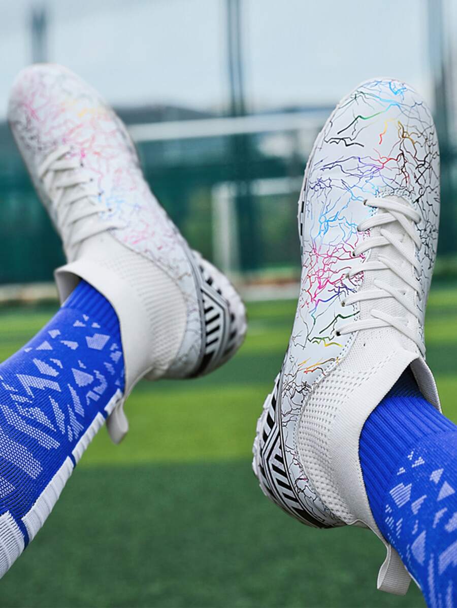 男士條紋圖案前綁帶足球鞋 - 白色 - 查看 1