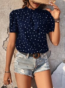 SHEIN Frenchy Áo sơ mi nữ Nút Uốn nếp Tim Giải trí - Màu xanh hải quân - Xem 5