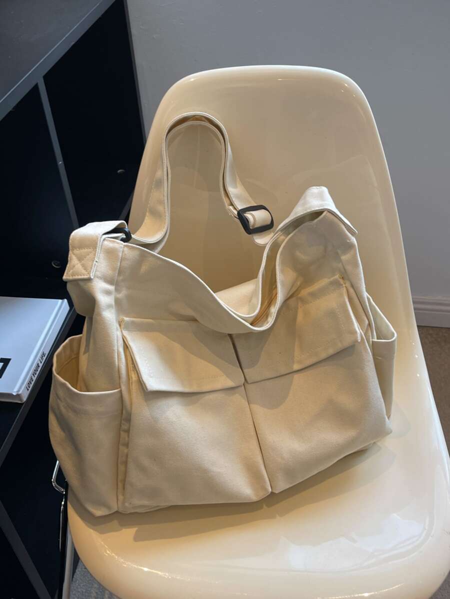 女士休閒帆布多口袋手提包,適用於四季,可折疊斜背,大容量,適用於購物、工作、度假等 - 米色 - 查看 1