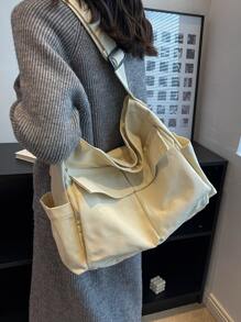 女士休閒帆布多口袋手提包,適用於四季,可折疊斜背,大容量,適用於購物、工作、度假等 - 米色 - 查看 2